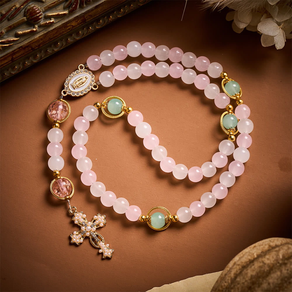 SolaceBeads Pink & White Artistic Beaded Rosary – Five-Decade Jade