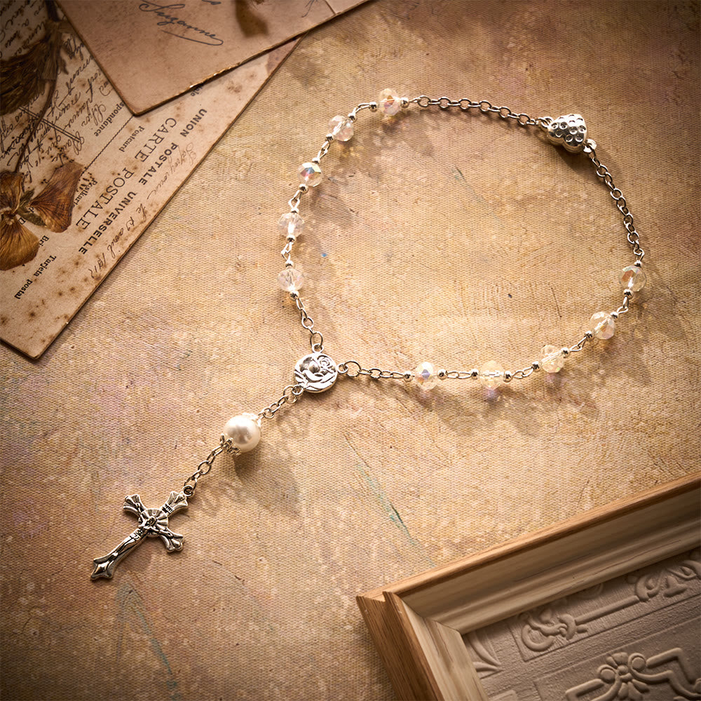 SolaceBeads Clear AB Crystal Car Rosary – Pearl Accents, Heart