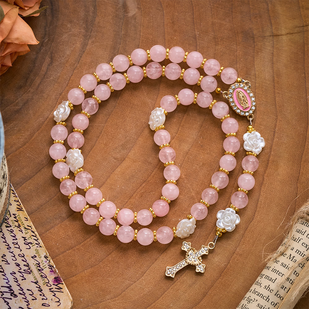 Solacebeads Rose Quartz Five-Decade Rosary - Pink Guadalupe Medal