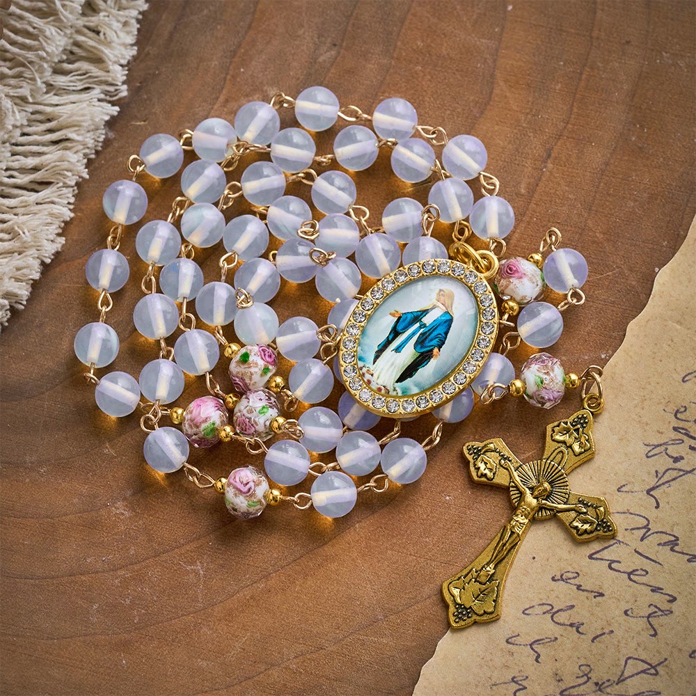 SolaceBeads Opaline with Lampwork Floral Pater Beads Rosary: A Soft Glow for Your Daily Prayer - image 0
