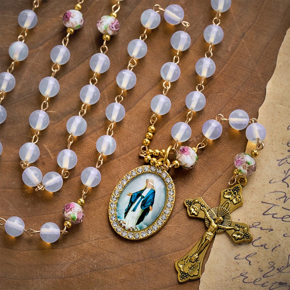 SolaceBeads Opaline with Lampwork Floral Pater Beads Rosary: A Soft Glow for Your Daily Prayer - image 1
