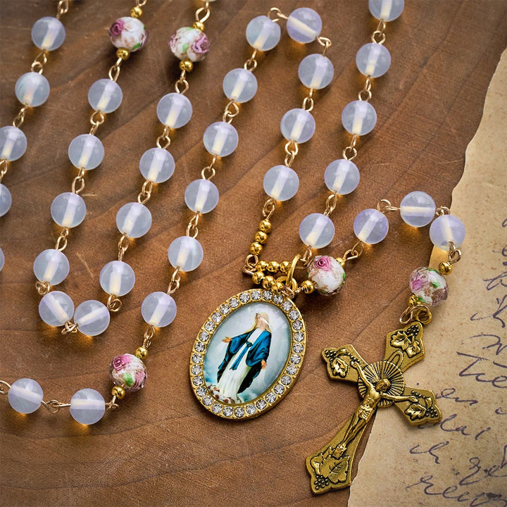 SolaceBeads Opaline with Lampwork Floral Pater Beads Rosary: A Soft Glow for Your Daily Prayer - image 1