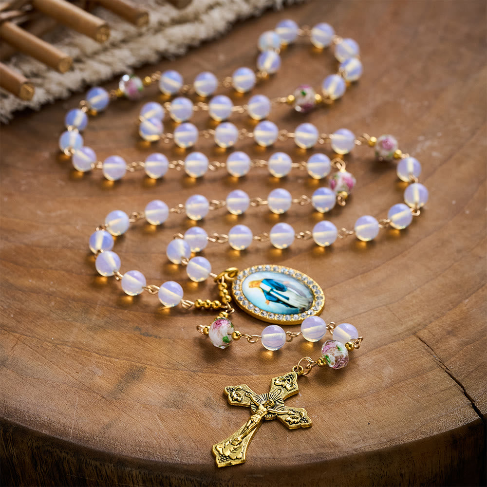 SolaceBeads Opaline with Lampwork Floral Pater Beads Rosary: A Soft Glow for Your Daily Prayer - Opalescent - image 2