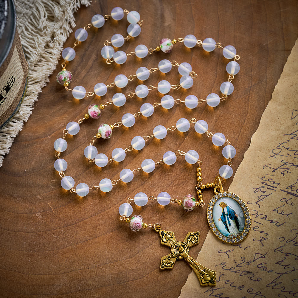SolaceBeads Opaline with Lampwork Floral Pater Beads Rosary: A Soft Glow for Your Daily Prayer - image 5