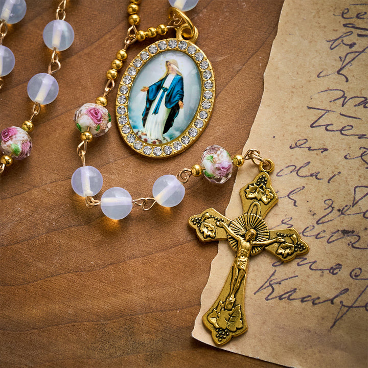 SolaceBeads Opaline with Lampwork Floral Pater Beads Rosary: A Soft Glow for Your Daily Prayer - image 3