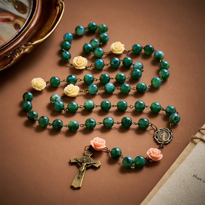 SolaceBeads Green Shiny Morning Dew Rosary with Rose: Artistry in Every Shimmer - Green - image 0