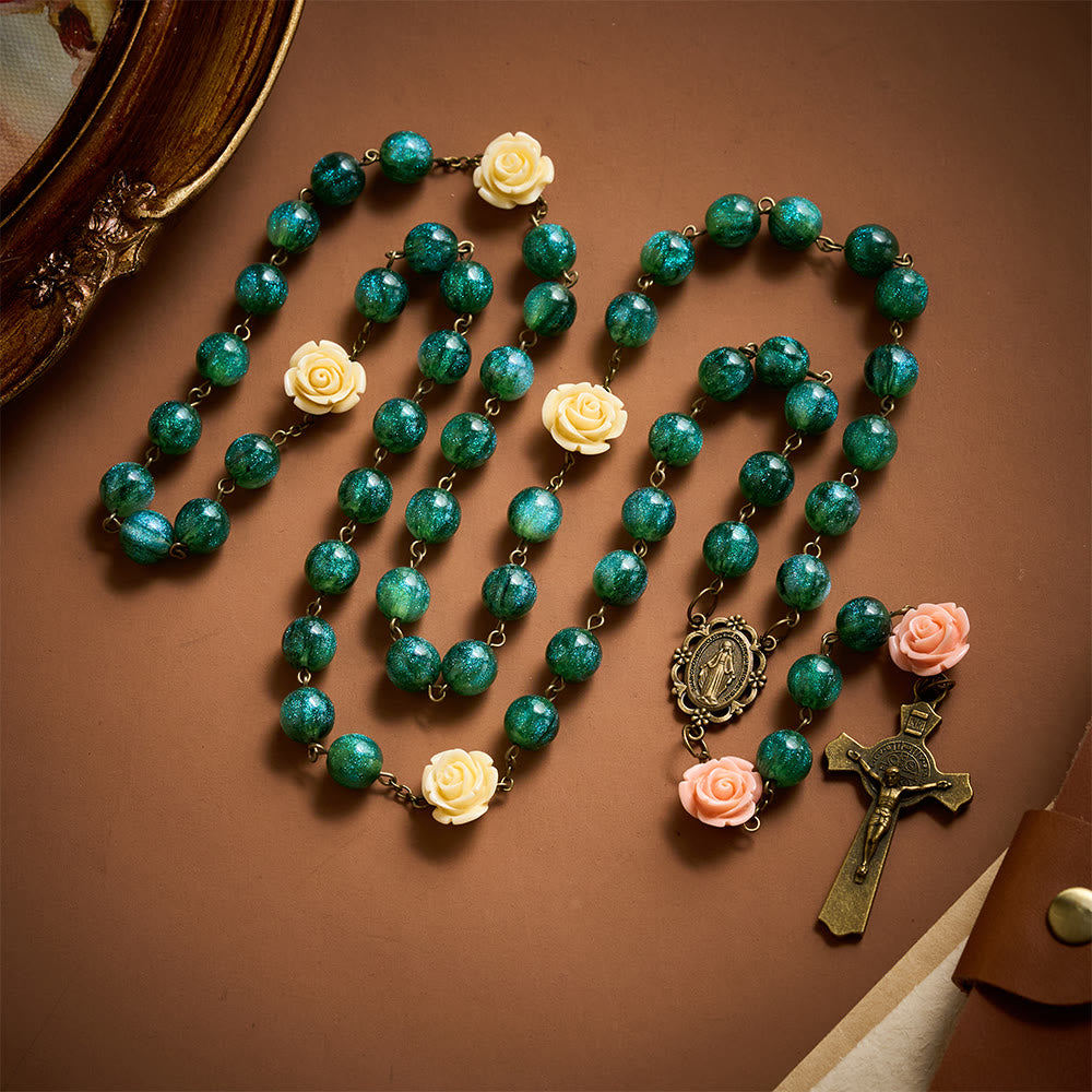 SolaceBeads Green Shiny Morning Dew Rosary with Rose: Artistry in Every Shimmer - image 3