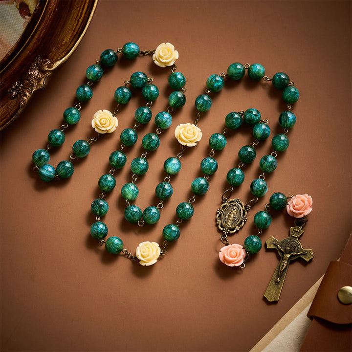 SolaceBeads Green Shiny Morning Dew Rosary with Rose: Artistry in Every Shimmer - image 2