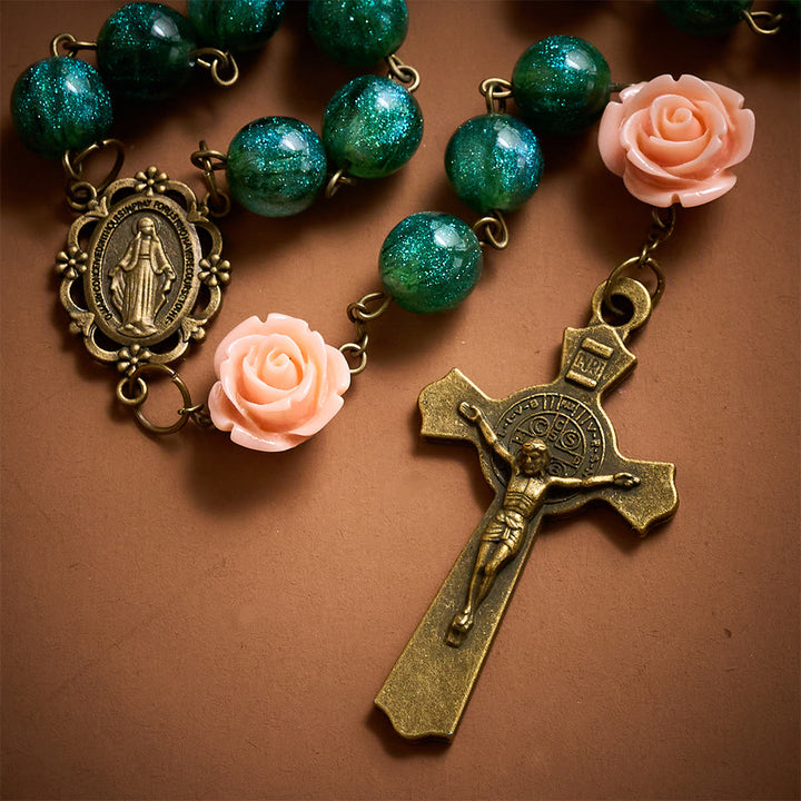 SolaceBeads Green Shiny Morning Dew Rosary with Rose: Artistry in Every Shimmer - image 4