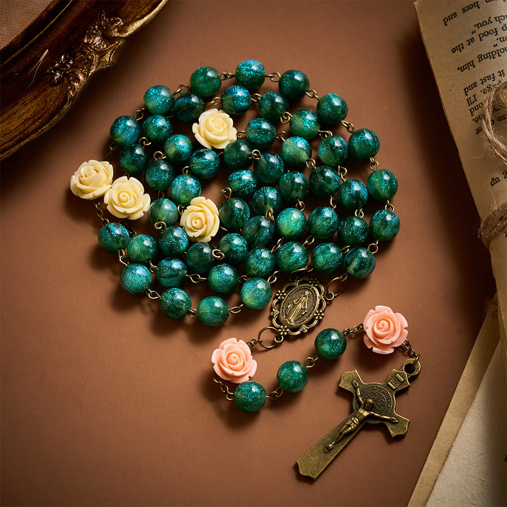 SolaceBeads Green Shiny Morning Dew Rosary with Rose: Artistry in Every Shimmer - image 1