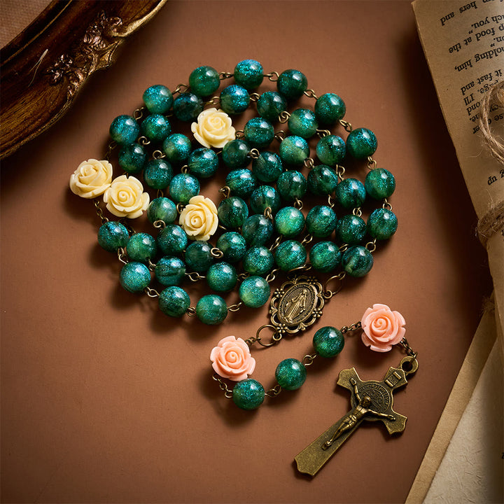 SolaceBeads Green Shiny Morning Dew Rosary with Rose: Artistry in Every Shimmer - image 1