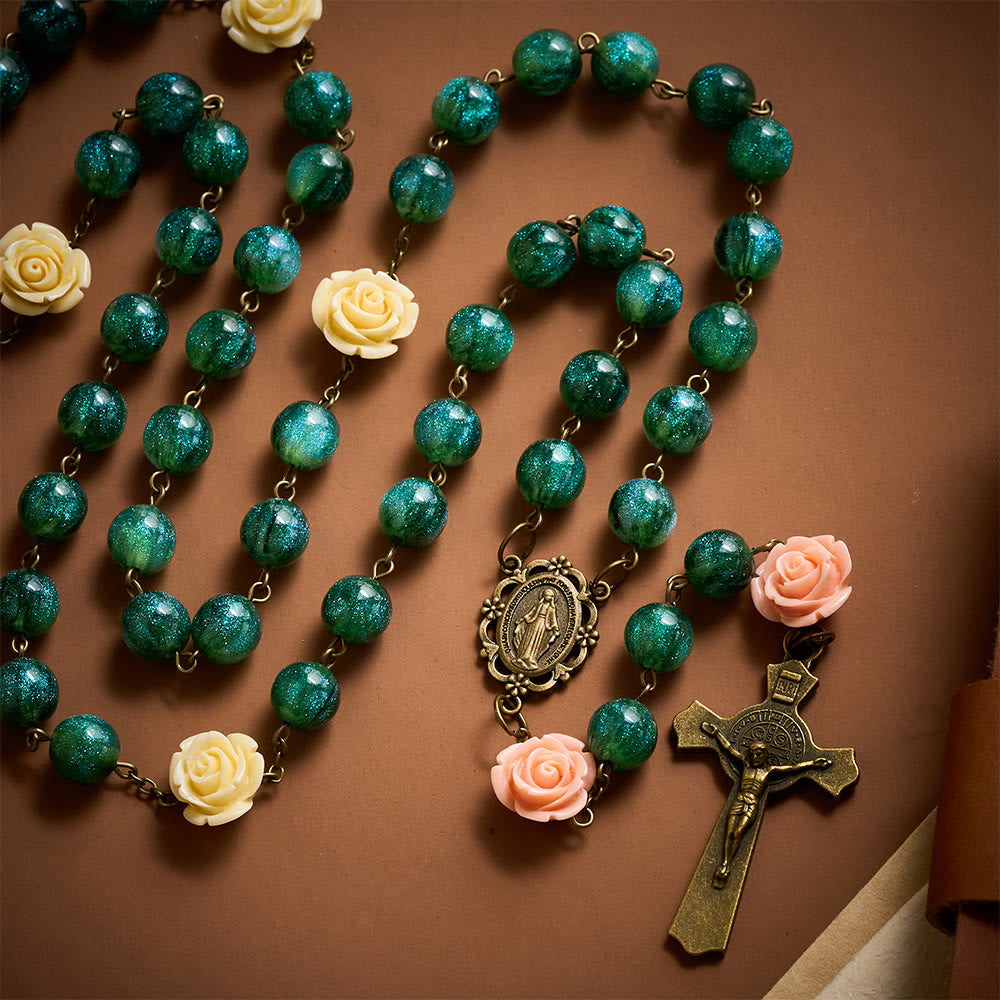 SolaceBeads Green Shiny Morning Dew Rosary with Rose: Artistry in Every Shimmer - image 3