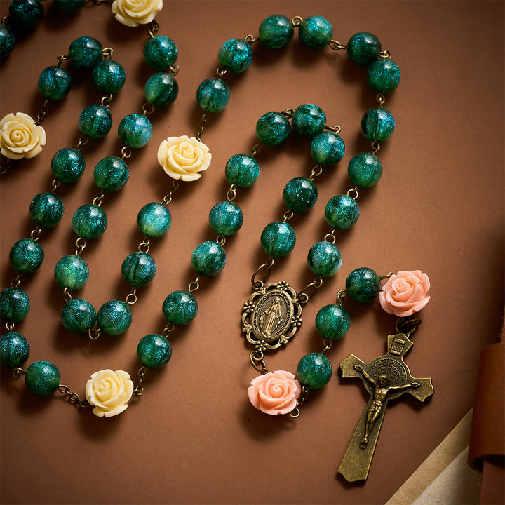 SolaceBeads Green Shiny Morning Dew Rosary with Rose: Artistry in Every Shimmer - image 3