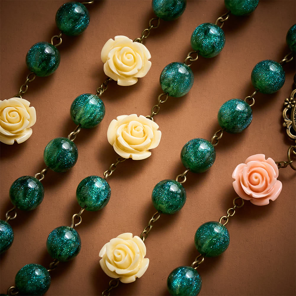 SolaceBeads Green Shiny Morning Dew Rosary with Rose: Artistry in Every Shimmer - image 5