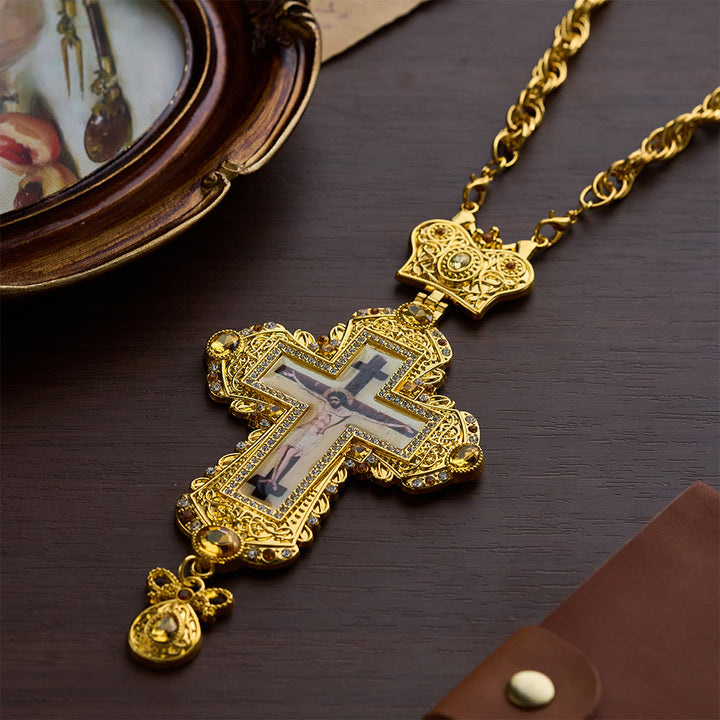 SolaceBeads Golden Vintage Pectoral Cross Gemstone Set Pendant Necklace  - image 6