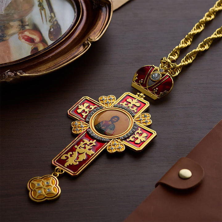 SolaceBeads Red Vintage Pectoral Cross Gemstone Set Pendant Necklace  - image 2