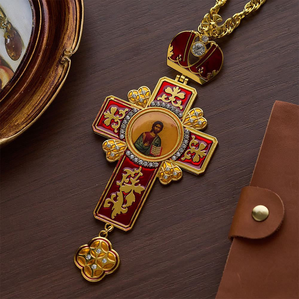 SolaceBeads Red Vintage Pectoral Cross Gemstone Set Pendant Necklace  - Red - image 0