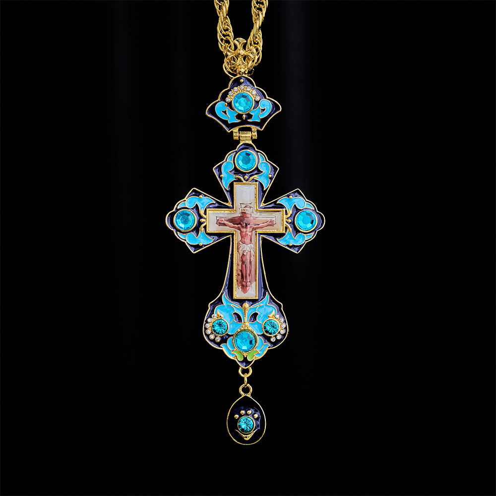 SolaceBeads Blue Vintage Pectoral Cross Gemstone Set Pendant Necklace  - image 1