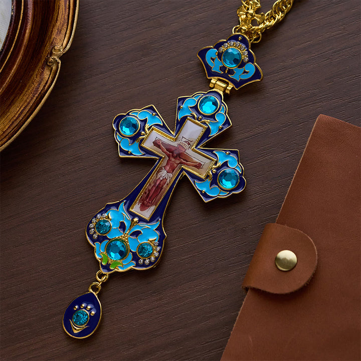 SolaceBeads Blue Vintage Pectoral Cross Gemstone Set Pendant Necklace  - Blue - image 0