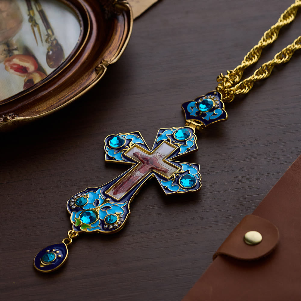 SolaceBeads Blue Vintage Pectoral Cross Gemstone Set Pendant Necklace  - image 2