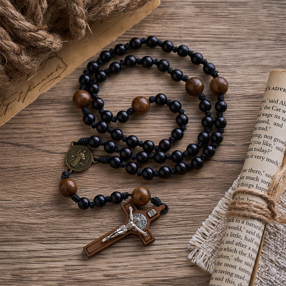 SolaceBeads Black Sacred Ebony Beads with St. Benedict Centerpiece Rosary - Ebony - image 0
