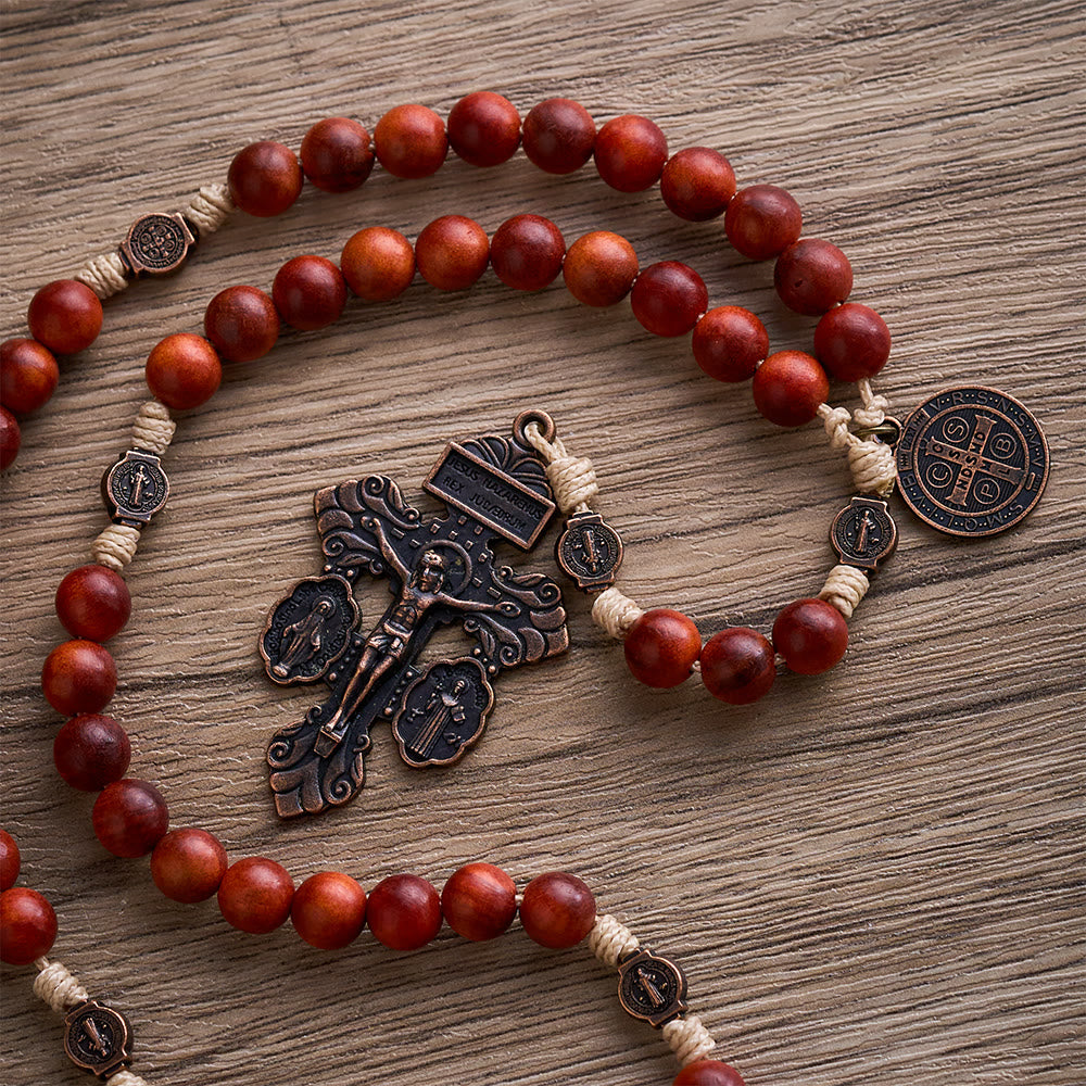SolaceBeads Dragon Blood Wood Beads St. Benedict Protection Shield Rosary - image 1