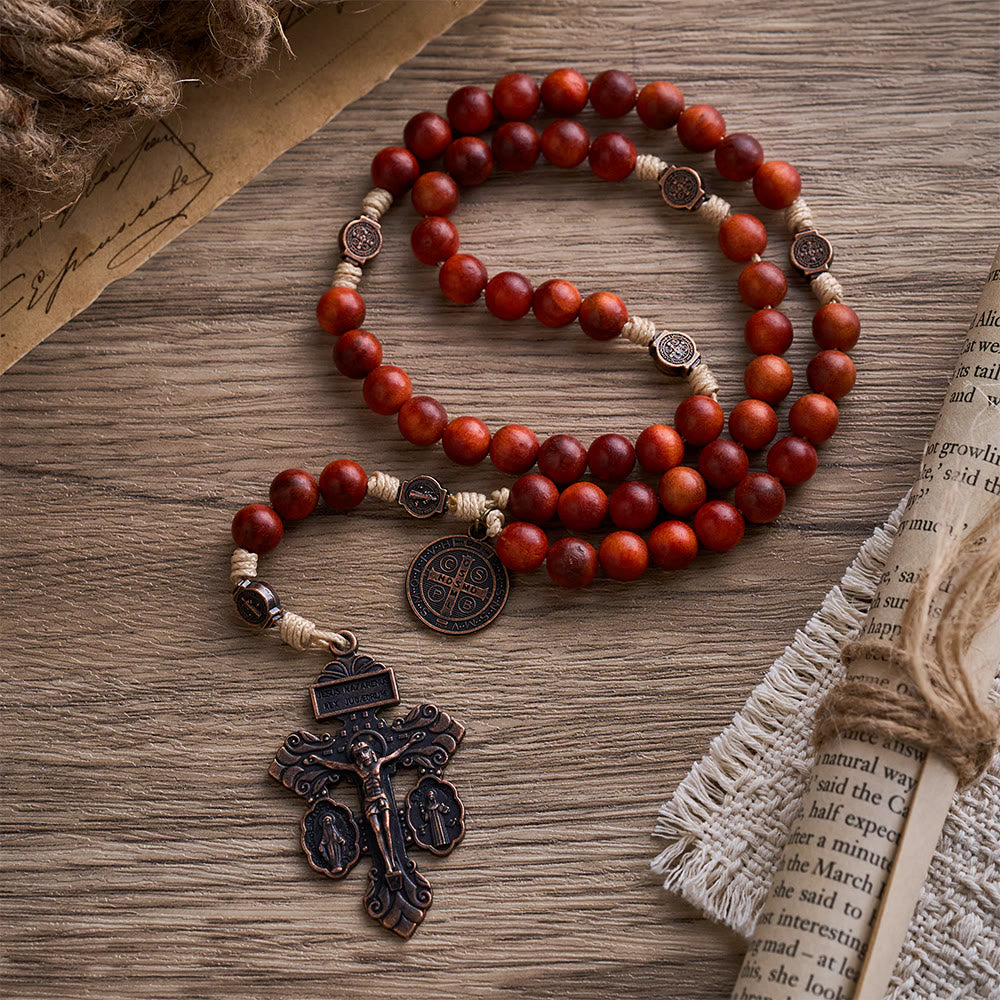 SolaceBeads Dragon's Blood Wood Rosary with St. Benedict Medal