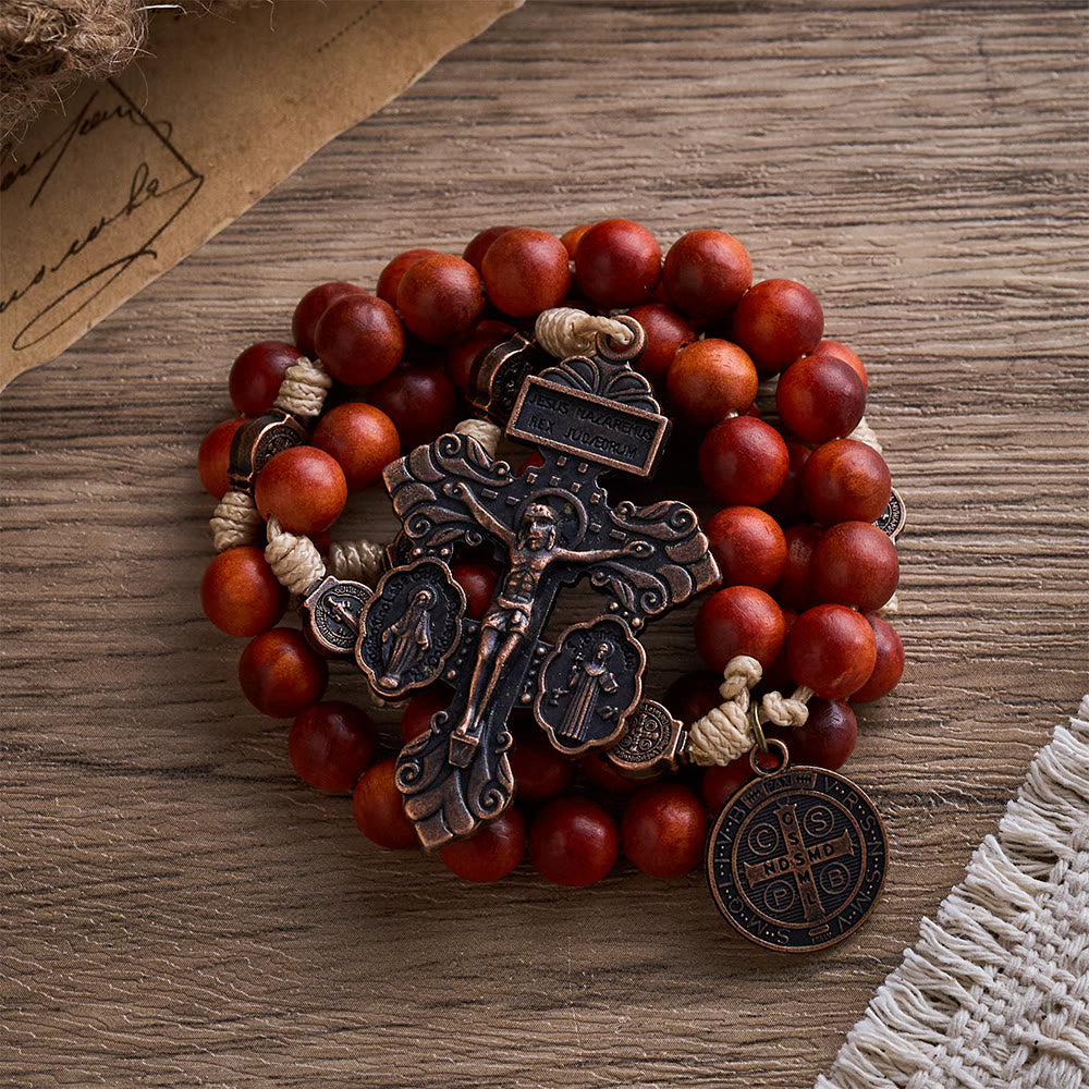 SolaceBeads Dragon's Blood Wood Rosary with St. Benedict Medal