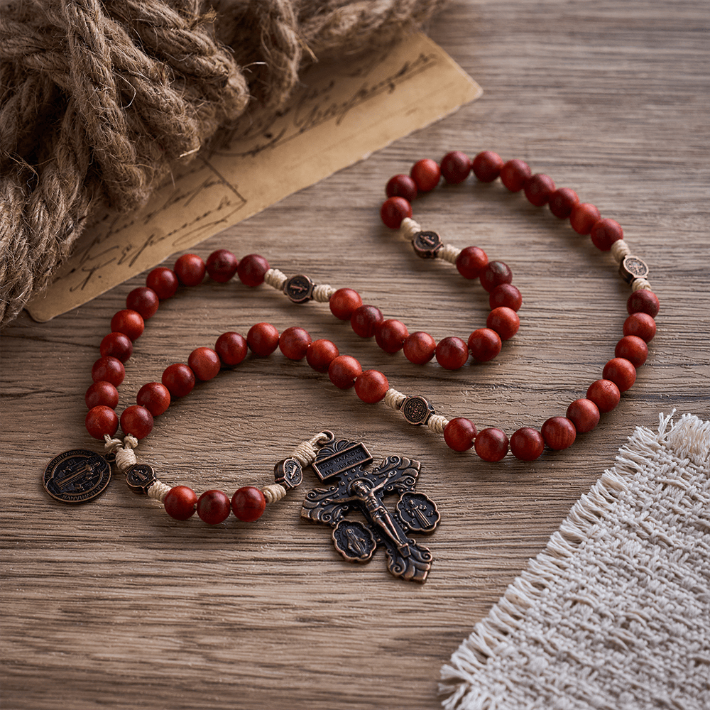 SolaceBeads Dragon Blood Wood Beads St. Benedict Protection Shield Rosary - image 3