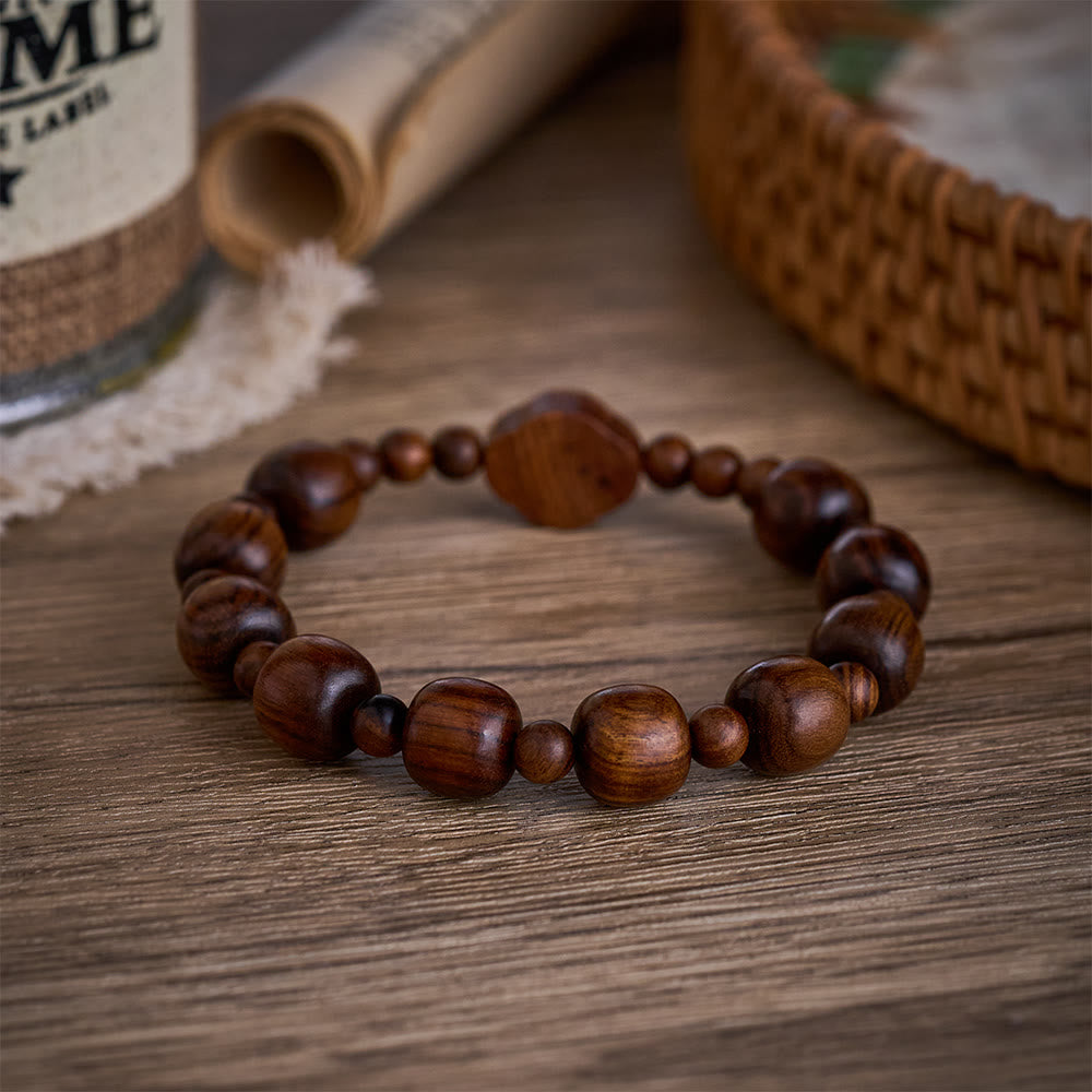 SolaceBeads Rosewood Barrel Beads Bracelet – INRI Mahogany Cross