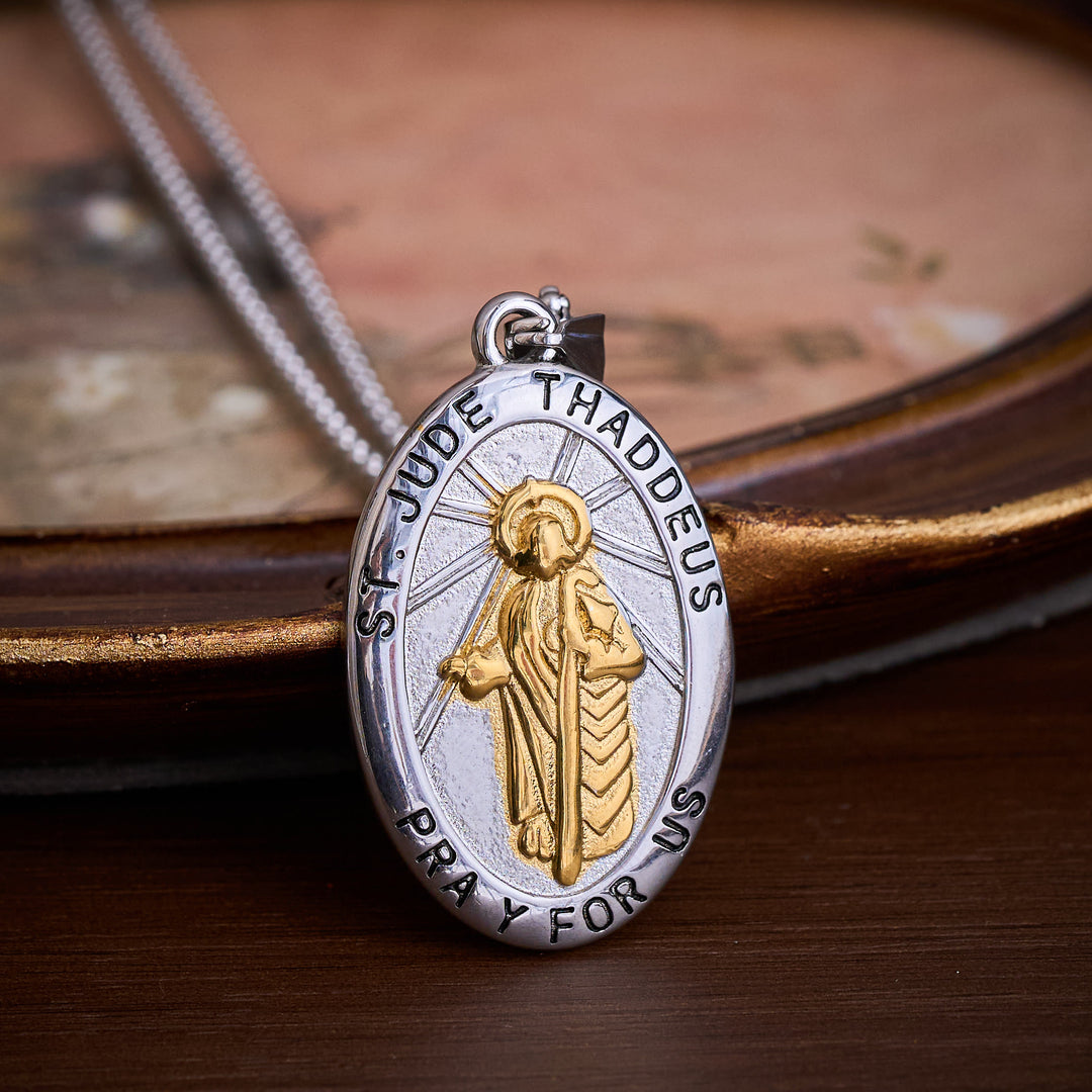 SolaceBeads 2-tone St. Jude Pray For Us Pendant Necklace - Silver-gold - image 1