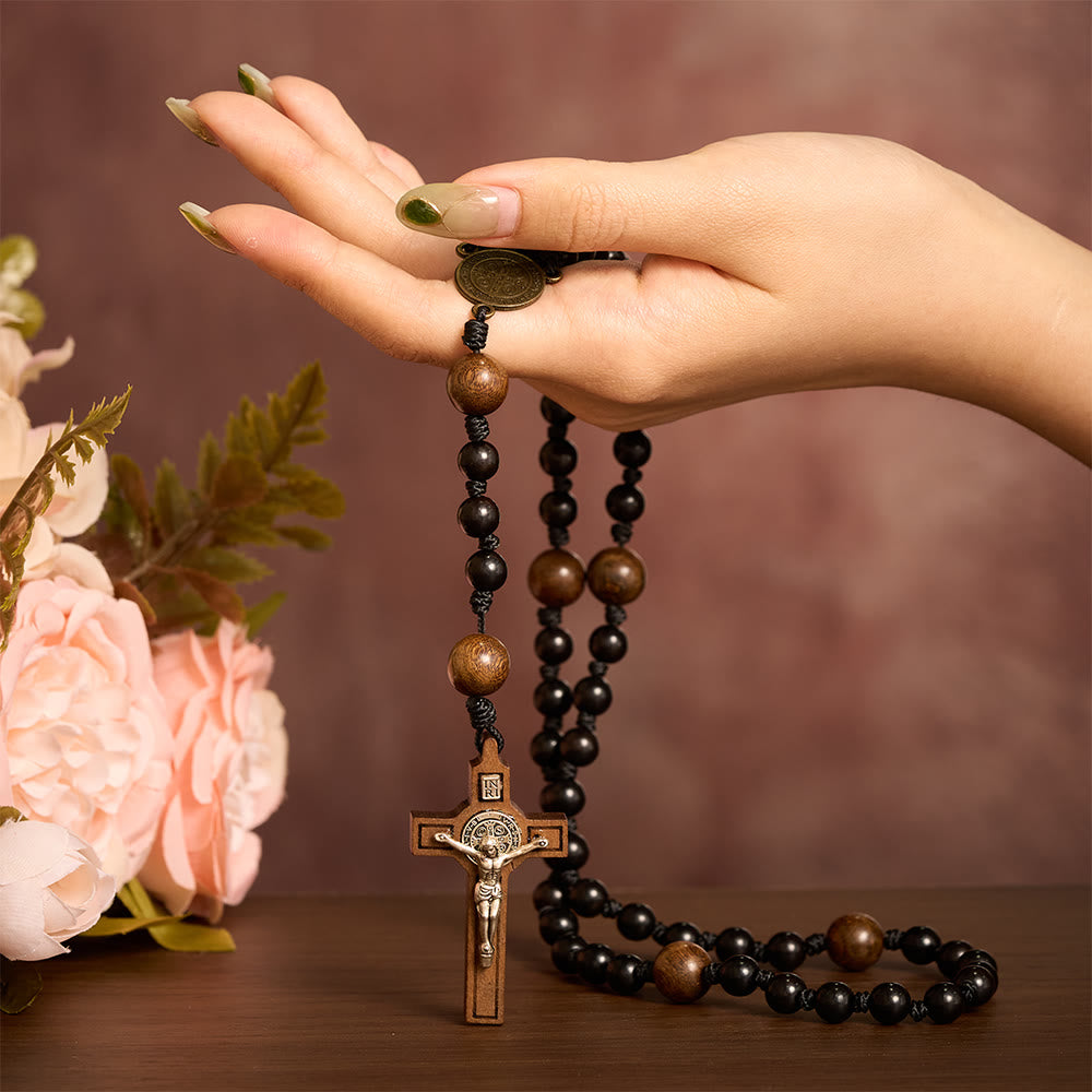 SolaceBeads Black Sacred Ebony Beads with St. Benedict Centerpiece Rosary - image 1