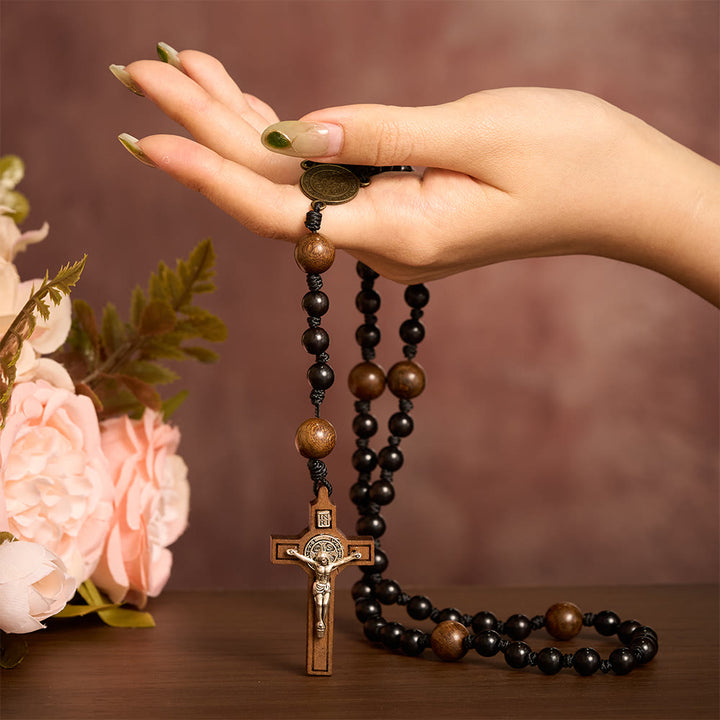 SolaceBeads Black Sacred Ebony Beads with St. Benedict Centerpiece Rosary - image 1