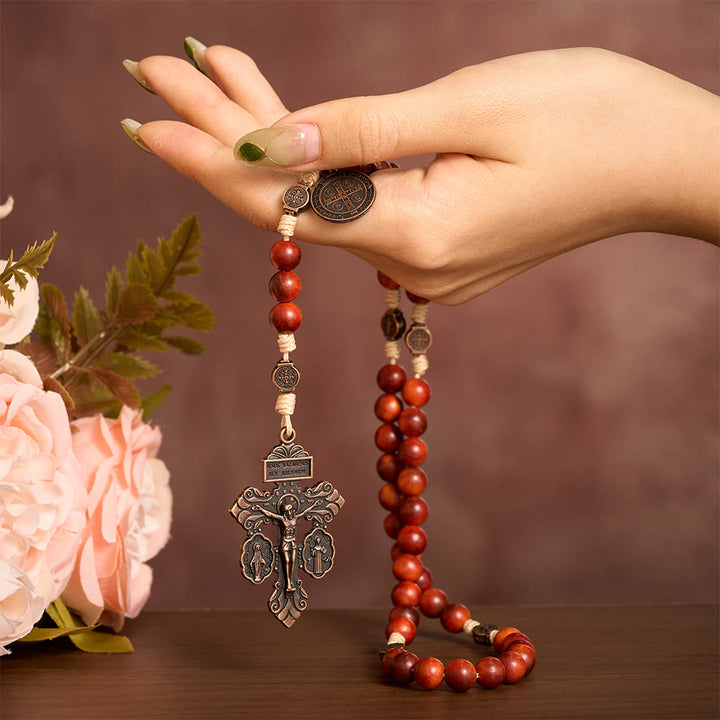 SolaceBeads Dragon Blood Wood Beads St. Benedict Protection Shield Rosary - image 1