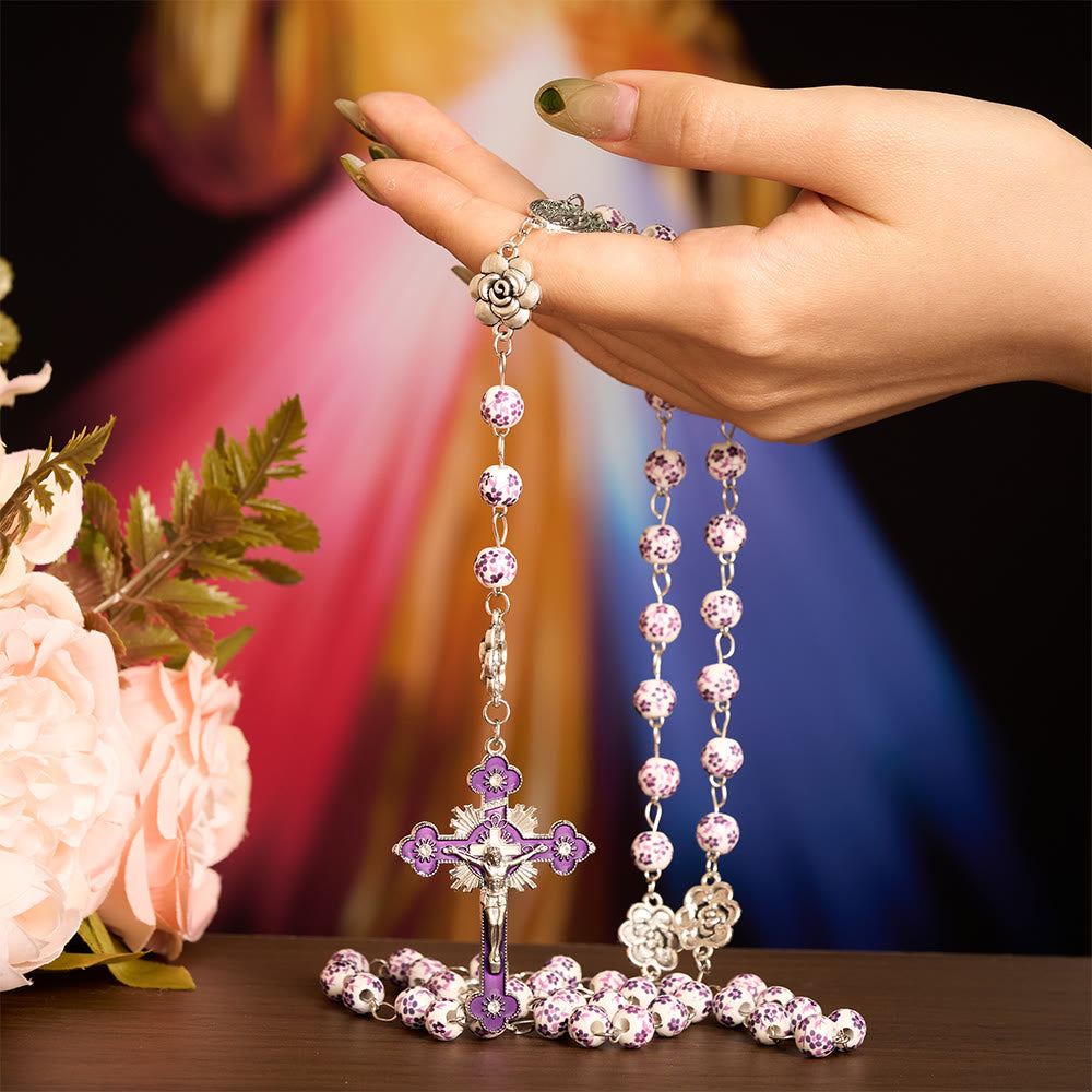 SolaceBeads Purple Floral Rosary – Handcrafted Ceramic Prayer Beads for Faith &amp; Sacred Connection - image 1