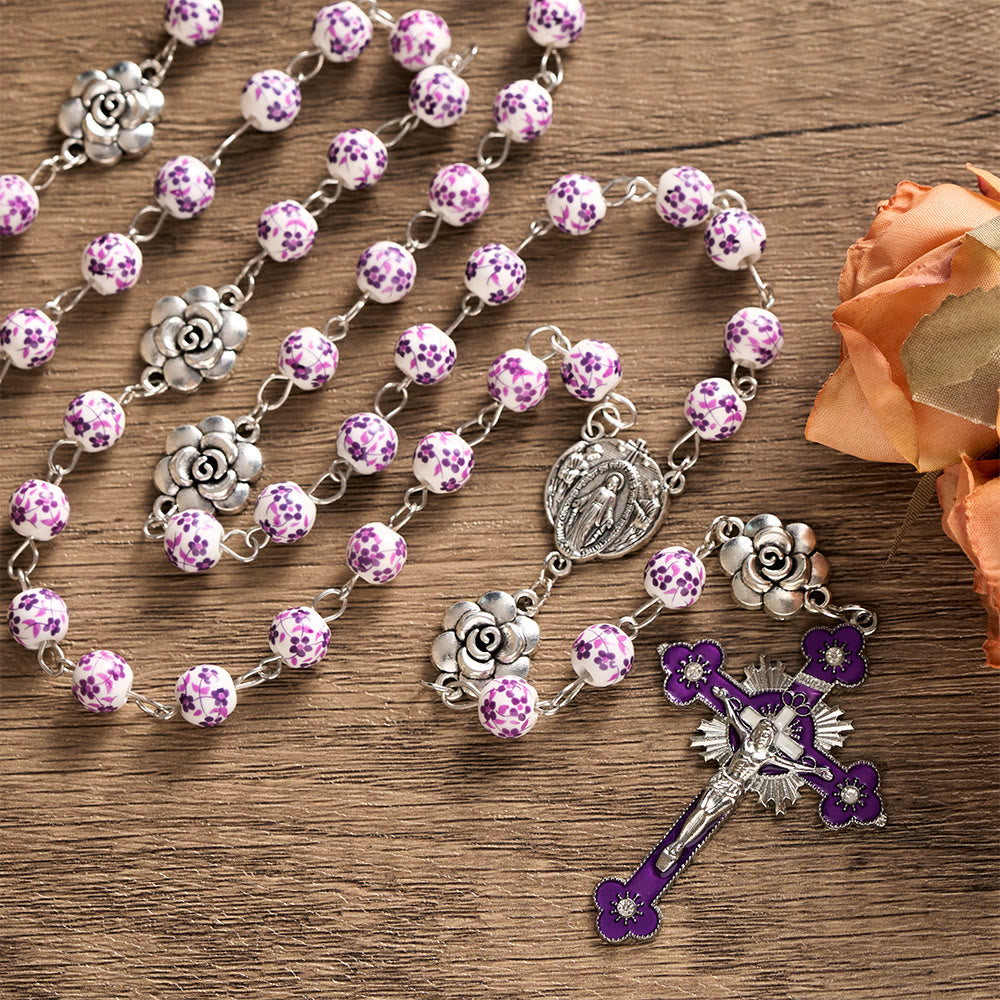 SolaceBeads Purple Floral Rosary – Handcrafted Ceramic Prayer Beads for Faith & Sacred Connection - Blue & Flowers - image 0