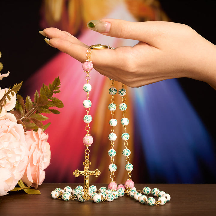 SolaceBeads Green &amp; Pink Floral Rosary – Handcrafted Beads for Divine Grace - image 1