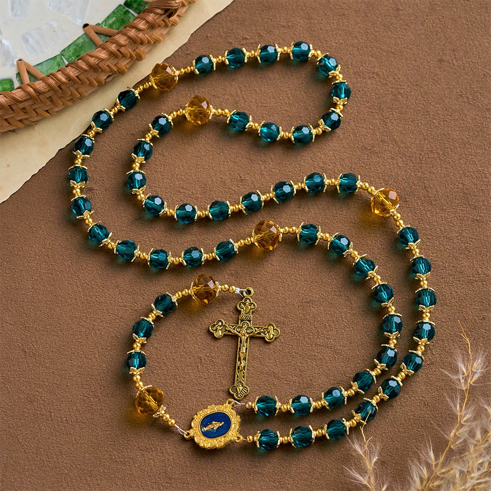 SolaceBeads Blue Crystal Rosary – Handmade Beads, a Timeless Symbol of Grace & Sacred Peace - Peacock Blue&Champagne Gold - image 0