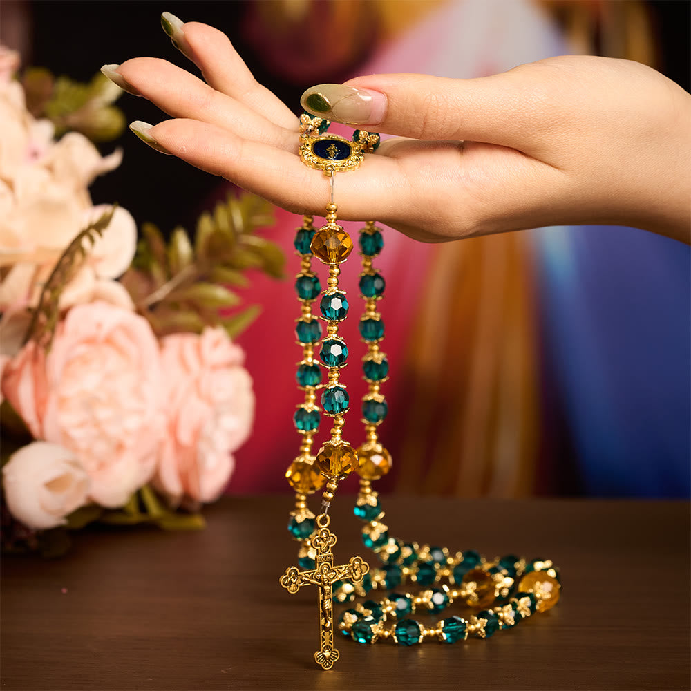 SolaceBeads Peacock Blue &amp; Champagne Crystal Rosary: A Prismatic Glow of Sacred Light - image 1