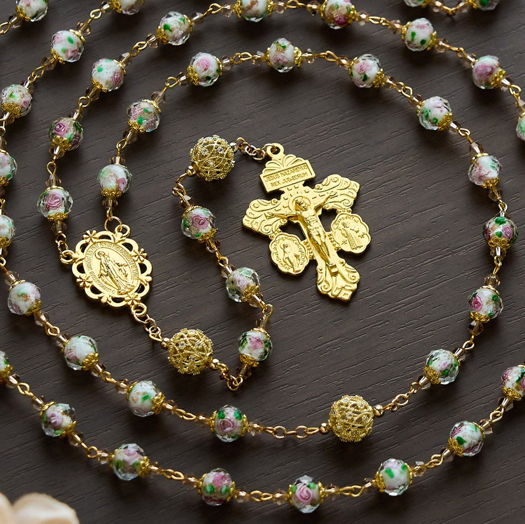 SolaceBeads White Floral Lampwork Glass Rosary: Grace With Gold Filigree & Miraculous Medal - Lampwork beads - image 0