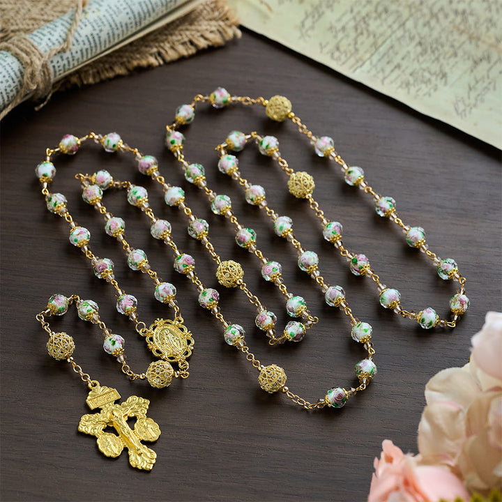 SolaceBeads White Floral Lampwork Glass Rosary: Grace With Gold Filigree &amp; Miraculous Medal - image 2