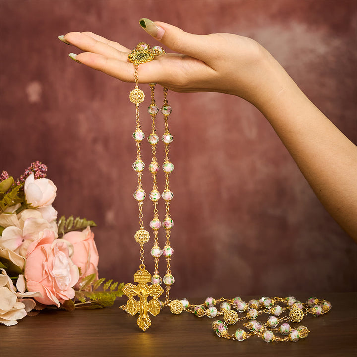 SolaceBeads White Floral Lampwork Glass Rosary: Grace With Gold Filigree &amp; Miraculous Medal - image 1