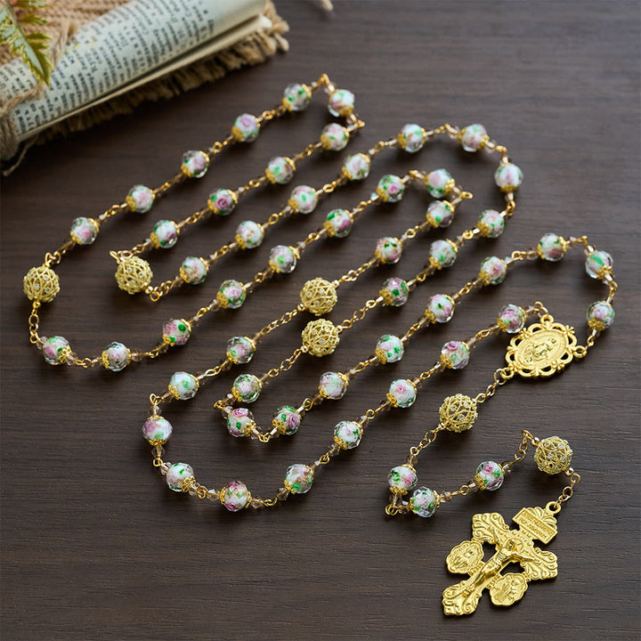 SolaceBeads White Floral Lampwork Glass Rosary: Grace With Gold Filigree &amp; Miraculous Medal - image 7