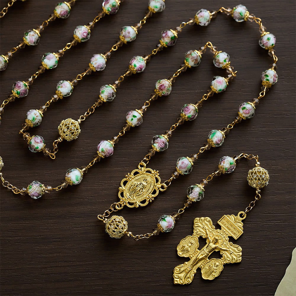 SolaceBeads White Floral Lampwork Glass Rosary: Grace With Gold Filigree &amp; Miraculous Medal - image 3