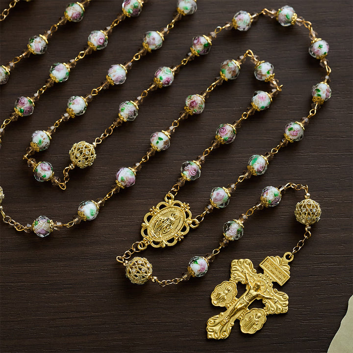 SolaceBeads White Floral Lampwork Glass Rosary: Grace With Gold Filigree &amp; Miraculous Medal - image 3