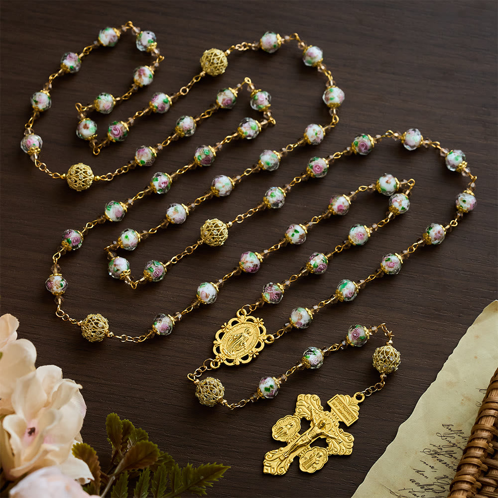 SolaceBeads White Floral Lampwork Glass Rosary: Grace With Gold Filigree &amp; Miraculous Medal - image 9