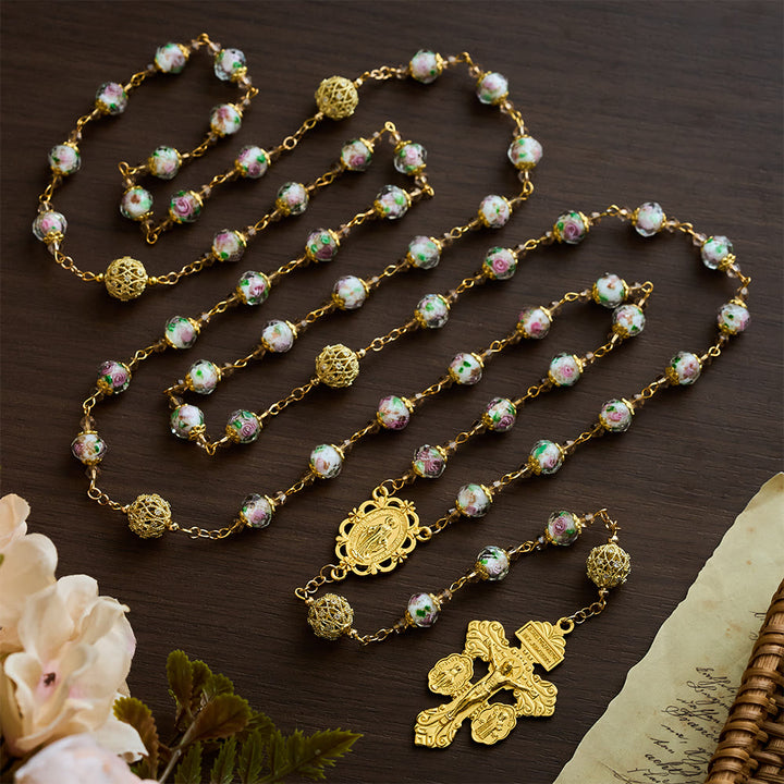 SolaceBeads White Floral Lampwork Glass Rosary: Grace With Gold Filigree &amp; Miraculous Medal - image 9