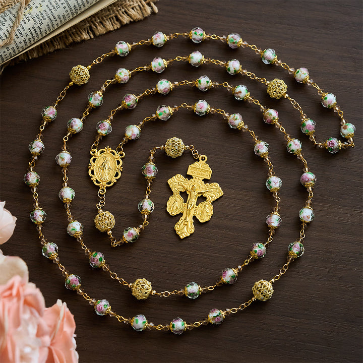 SolaceBeads White Floral Lampwork Glass Rosary: Grace With Gold Filigree &amp; Miraculous Medal - image 6