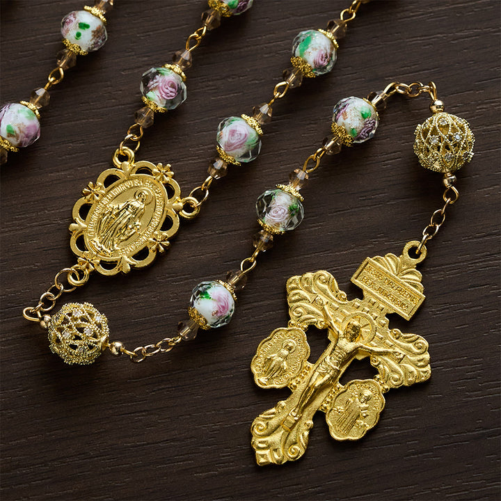 SolaceBeads White Floral Lampwork Glass Rosary: Grace With Gold Filigree &amp; Miraculous Medal - image 4