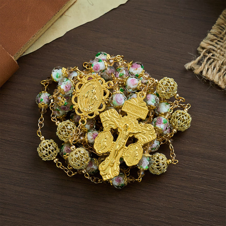 SolaceBeads White Floral Lampwork Glass Rosary: Grace With Gold Filigree &amp; Miraculous Medal - image 8